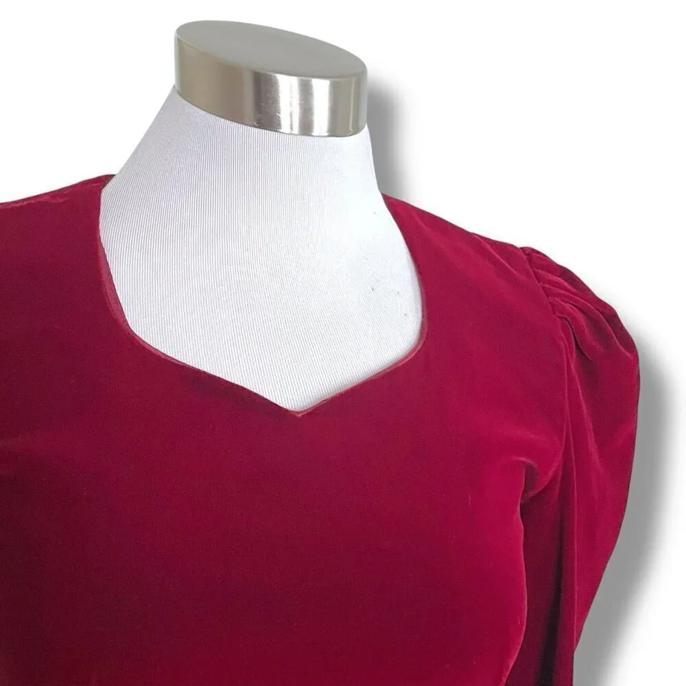 Vintage 1980s Nuit Womens Dress Sz 2 Petite Burgundy Velvet Puff Sleeve Midi - Picture 8 of 13